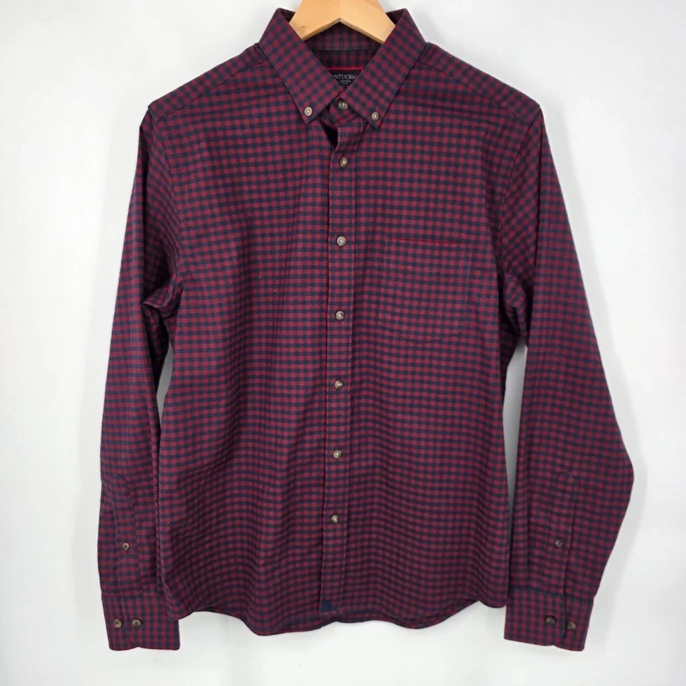 UNTUCKit Leland Flannel Shirt Mens Medium Slim Navy Burgundy Gingham Button Down - Picture 2 of 7